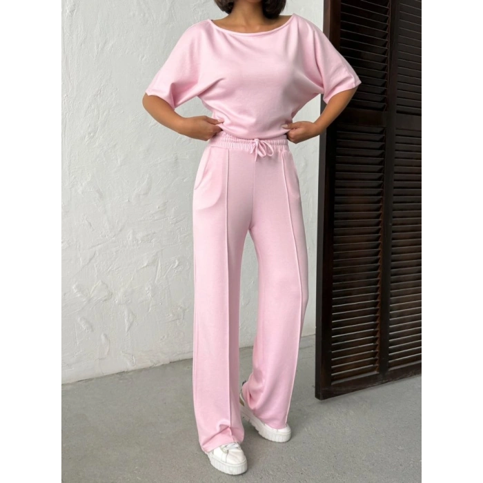 Kadın İsa Kollu Kayık Yaka Bluz Ve Pantolon Misal Kumaş Ikili Takım