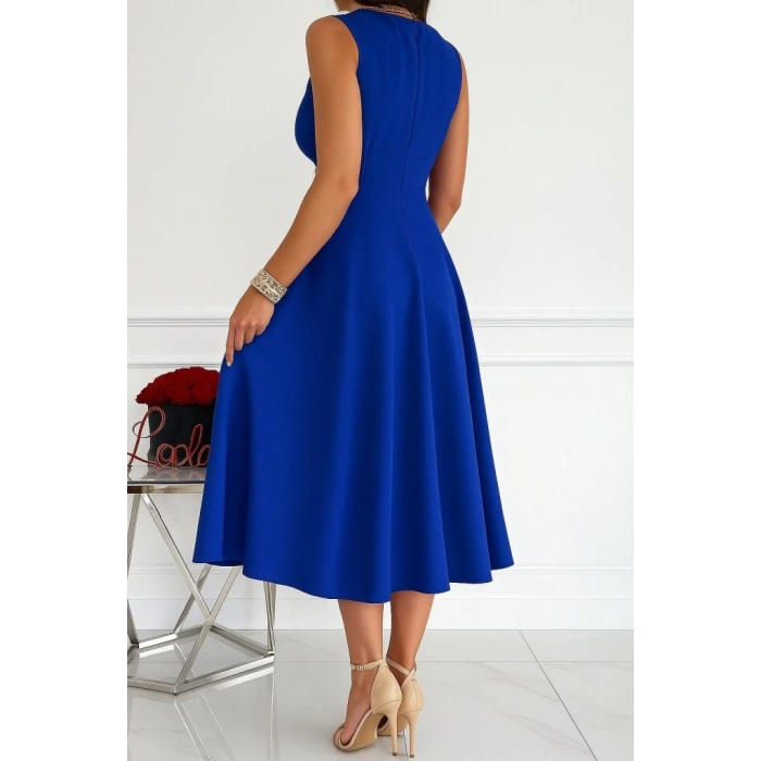 Kadın Ithal Krep Kumaş Kruvaze Yaka Eteği Kloş Kolsuz Mini Elbise