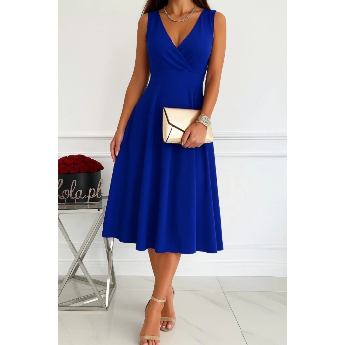 Kadın Ithal Krep Kumaş Kruvaze Yaka Eteği Kloş Kolsuz Mini Elbise