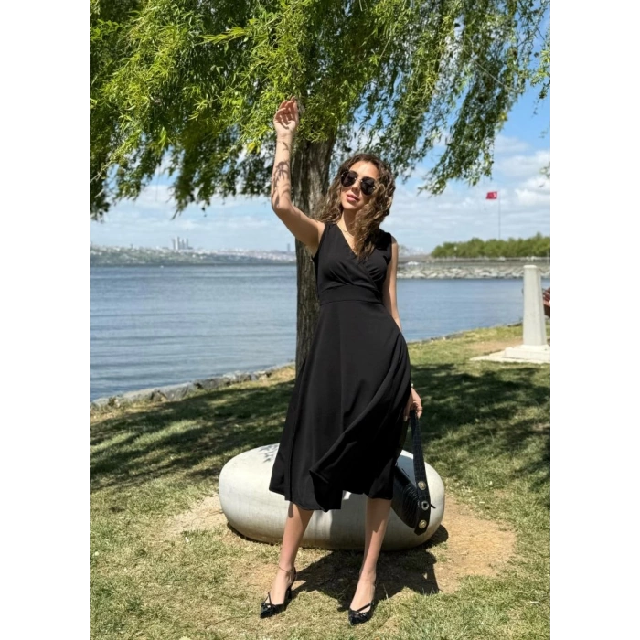 Kadın Ithal Krep Kumaş Kruvaze Yaka Eteği Kloş Kolsuz Mini Elbise