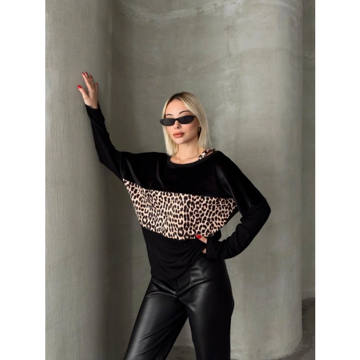 Kadın Kadife Kumaş Leopar Desenli Omuz Detay Uzun Kollu Bluz