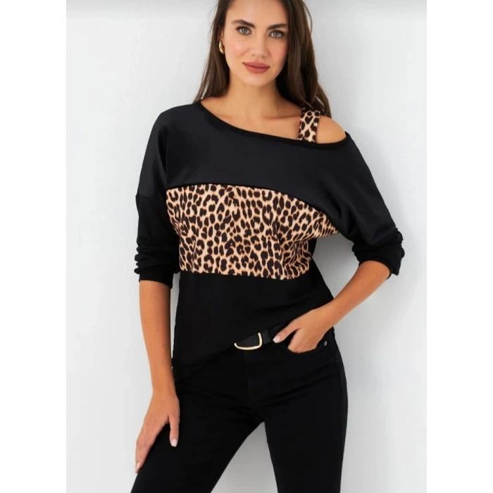 Kadın Kadife Kumaş Leopar Desenli Omuz Detay Uzun Kollu Bluz