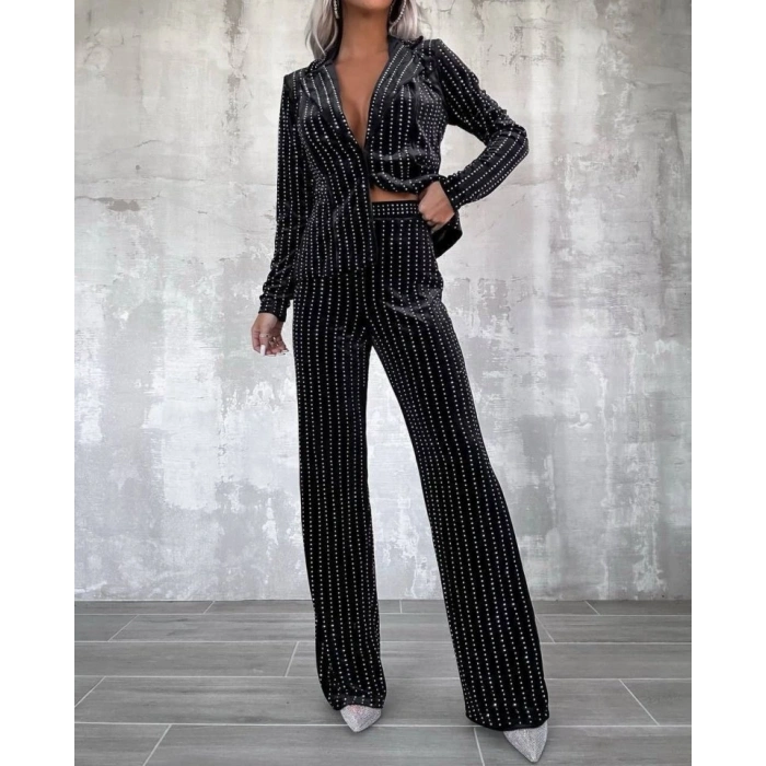 Kadın Kadife Kumaş üzerine Taş Işlemeli Ceket Pantolon Ikili Takım