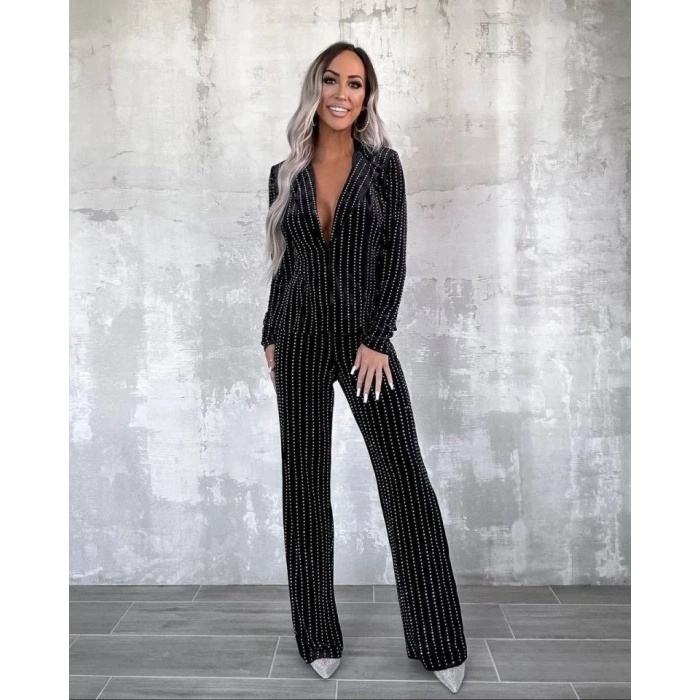 Kadın Kadife Kumaş üzerine Taş Işlemeli Ceket Pantolon Ikili Takım