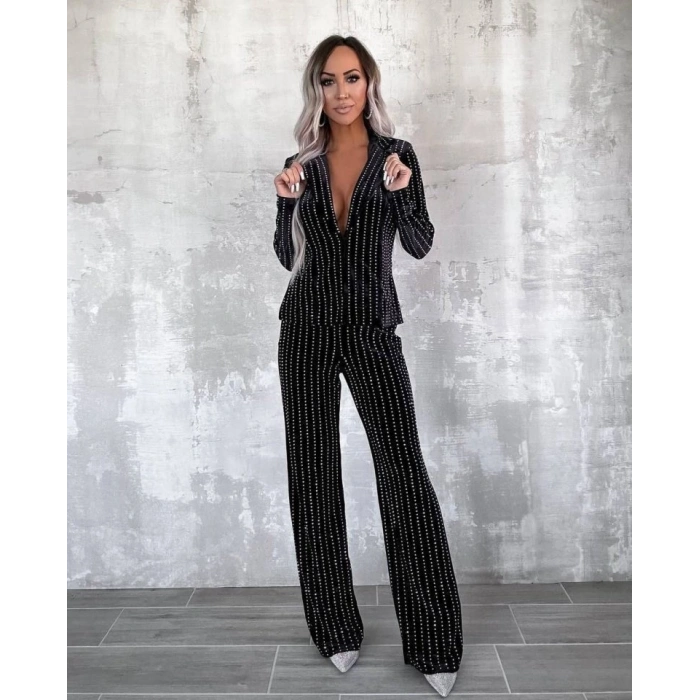 Kadın Kadife Kumaş üzerine Taş Işlemeli Ceket Pantolon Ikili Takım