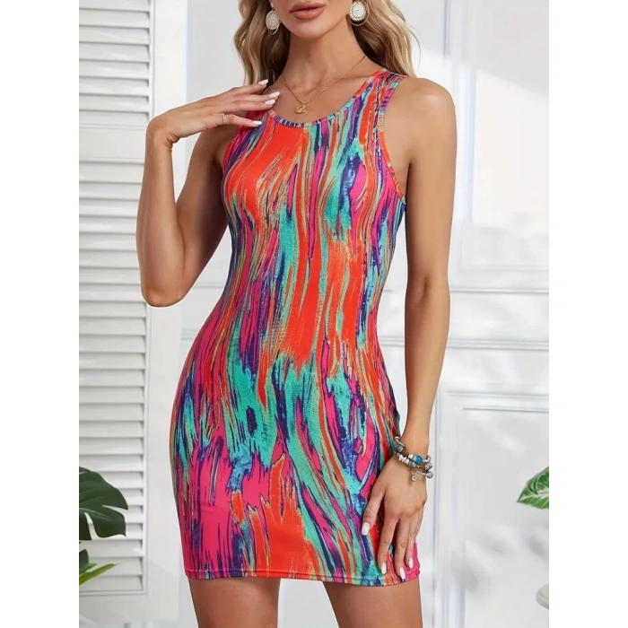 Kadın Kalın Askılı çok Renkli Dalgıç Mini Elbise