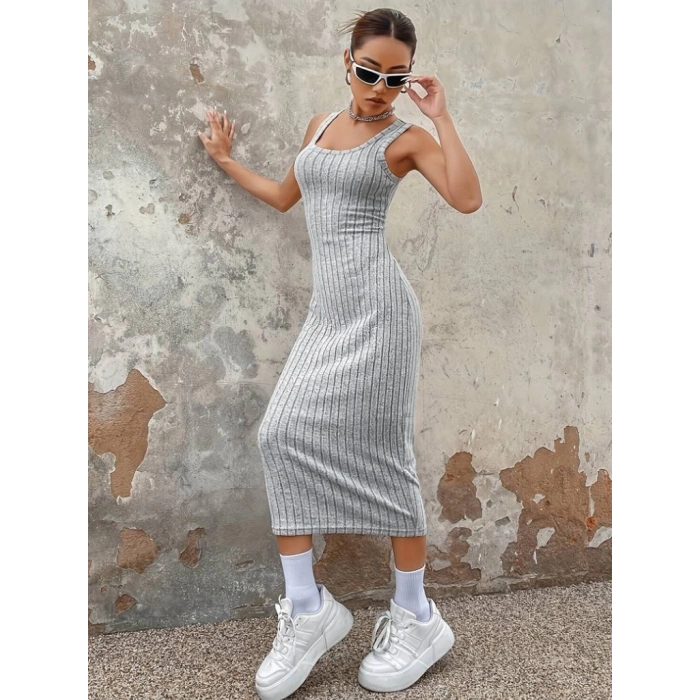 Kadın Kalın Askılı Kare Yaka Fitilli Kaşkorse Midi Boy Elbise