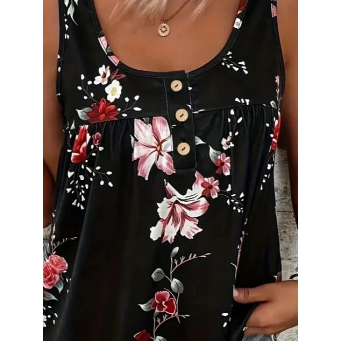 Kadın Kalın Askılı önü Düğme Detay çiçek Desen Bluz