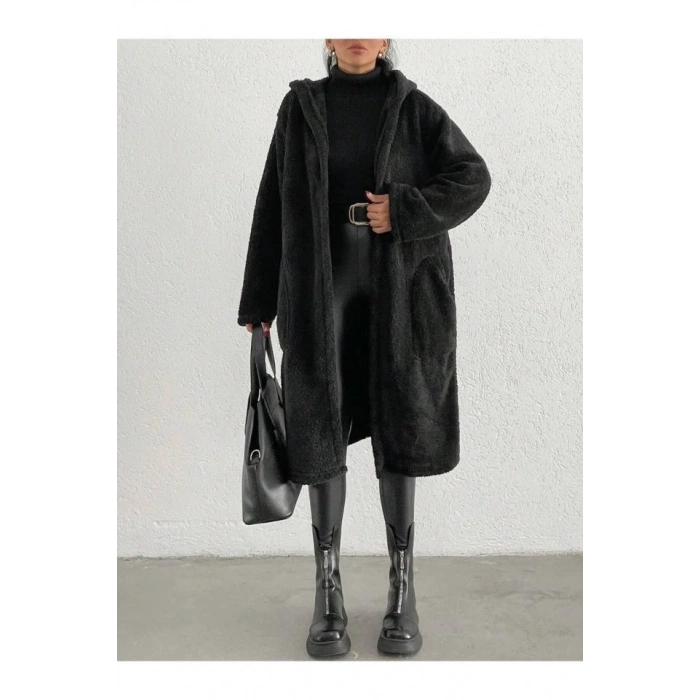 Kadın Kapüşon Ve Cep Detay Uzun Astarsız Wellsoft Ceket