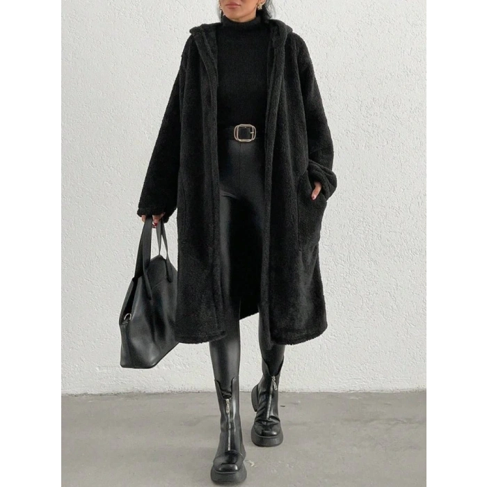 Kadın Kapüşon Ve Cep Detay Uzun Astarsız Wellsoft Ceket