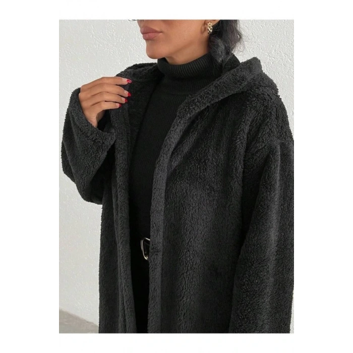 Kadın Kapüşon Ve Cep Detay Uzun Astarsız Wellsoft Ceket