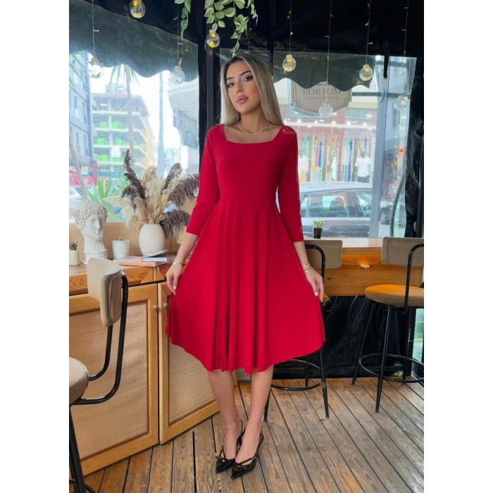 Kadın Kare Yaka Truvakar Kol Fırsat ürün Midi Boy Elbise