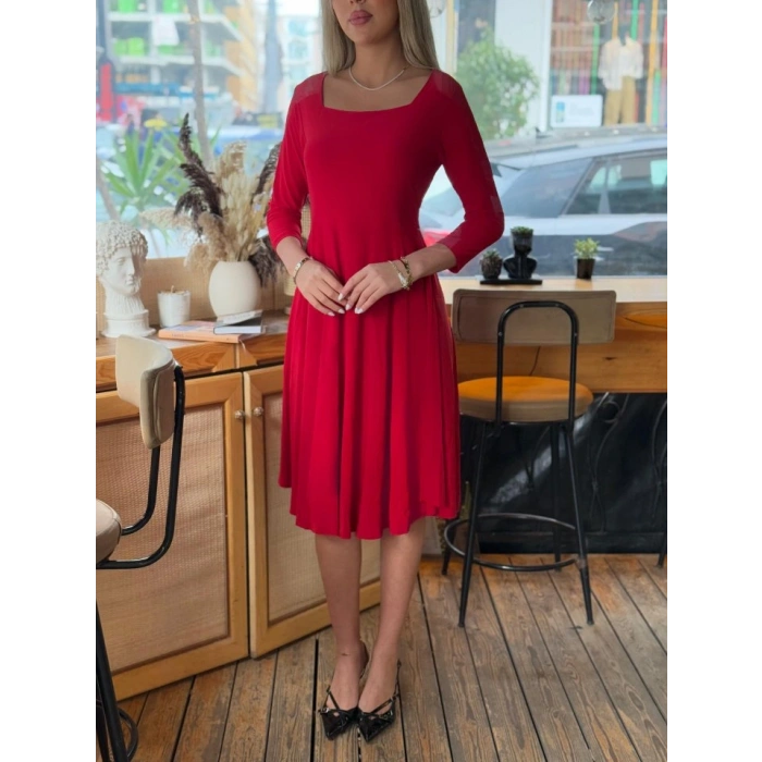 Kadın Kare Yaka Truvakar Kol Fırsat ürün Midi Boy Elbise