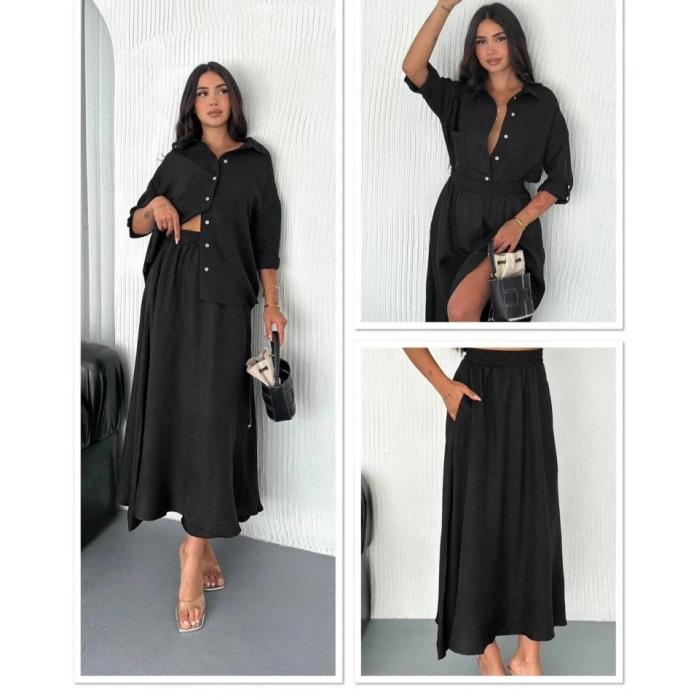 Kadın Keten Kumaş Gömlek Ve Etek Ikili Takim