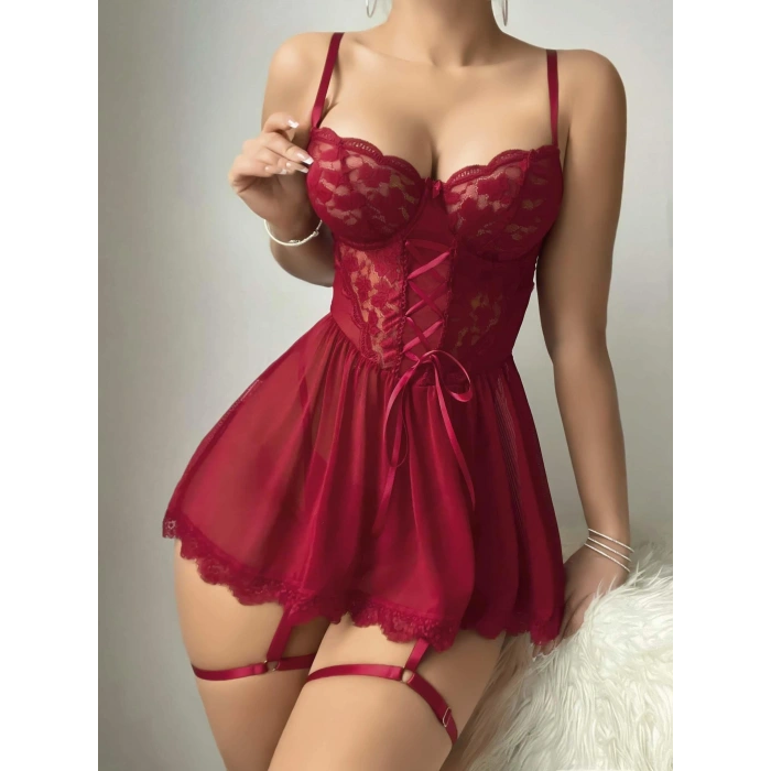 Kadın Kırmızı Dantel Detaylı Bağlamalı Fantezi Kostüm 2248