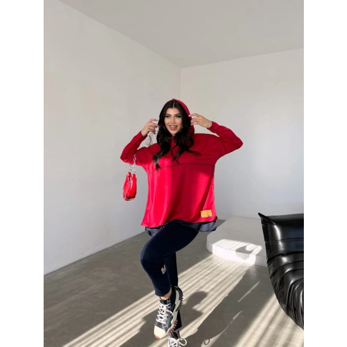Kadın Kırmızı Kapşonlu Etek Ucu Detay Arma Ters Dikiş Gorunumlu Ikili Takım