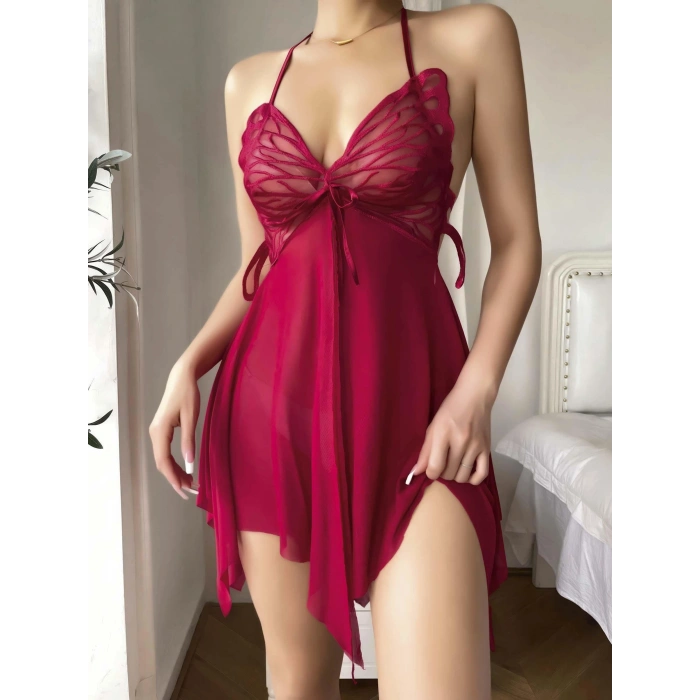 Kadın Kırmızı Transparan Kelebek Detaylı Tül Fantezi Gecelik 2245