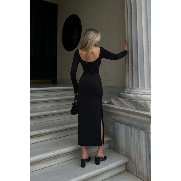 Kadın Kırmızı Yarım Balıkçı Tek Taraf Yırtmaçlı Uzun Kol Elbise