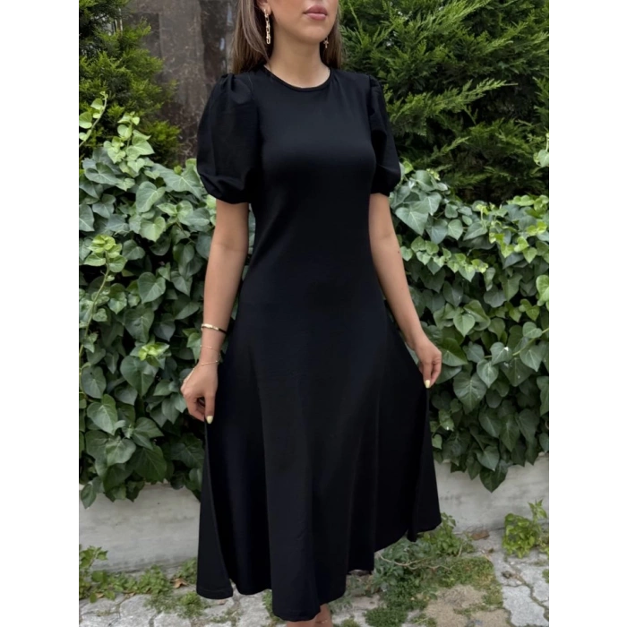 Kadın Kısa Balon Kollu Bisiklet Yaka Geniş Kesim Janjan Krep Elbise