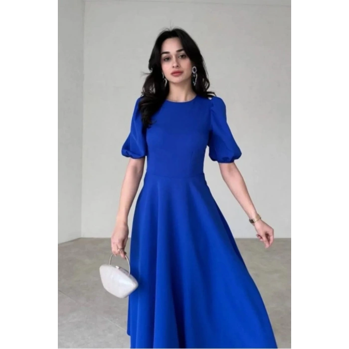 Kadın Kısa Balon Kollu Bisiklet Yaka Geniş Kesim Janjan Krep Elbise