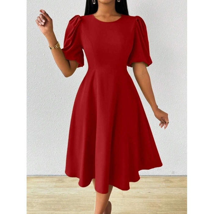 Kadın Kısa Balon Kollu Bisiklet Yaka Kiloş Janjan Krep Elbise