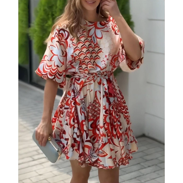 Kadın Kısa Balon Kollu Yuvarlak Yakalı Pileli Desenli Mini Elbise