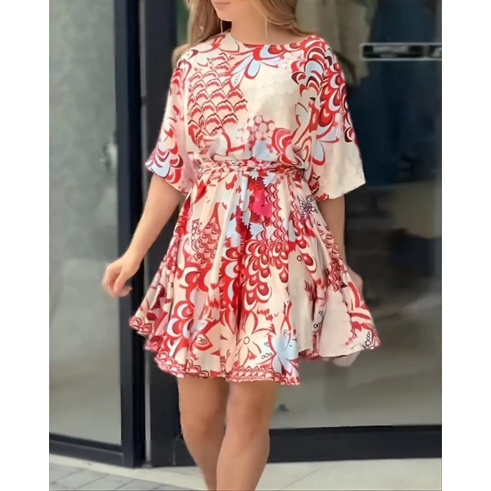 Kadın Kısa Balon Kollu Yuvarlak Yakalı Pileli Desenli Mini Elbise