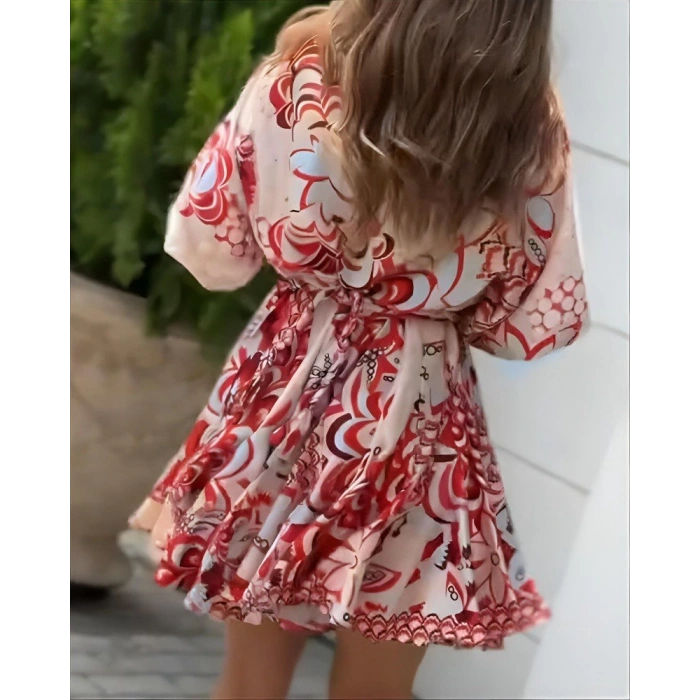 Kadın Kısa Balon Kollu Yuvarlak Yakalı Pileli Desenli Mini Elbise