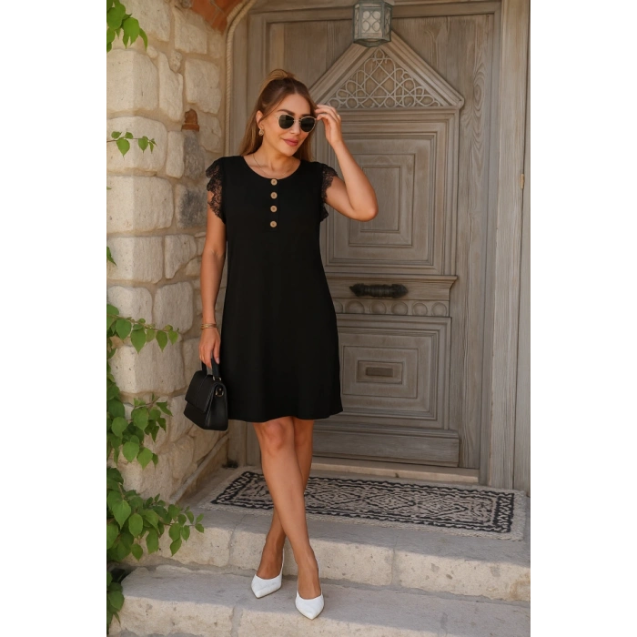 Kadın Kısa Dantel Kollu önden Düğmeli Viskon Elbise
