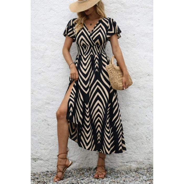 Kadın Kısa Fırfır Kollu Kruvaze Yakalı Beli Lastikli Desenli Uzun Elbise