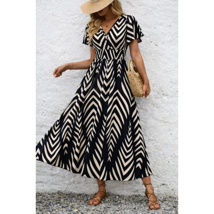 Kadın Kısa Fırfır Kollu Kruvaze Yakalı Beli Lastikli Desenli Uzun Elbise