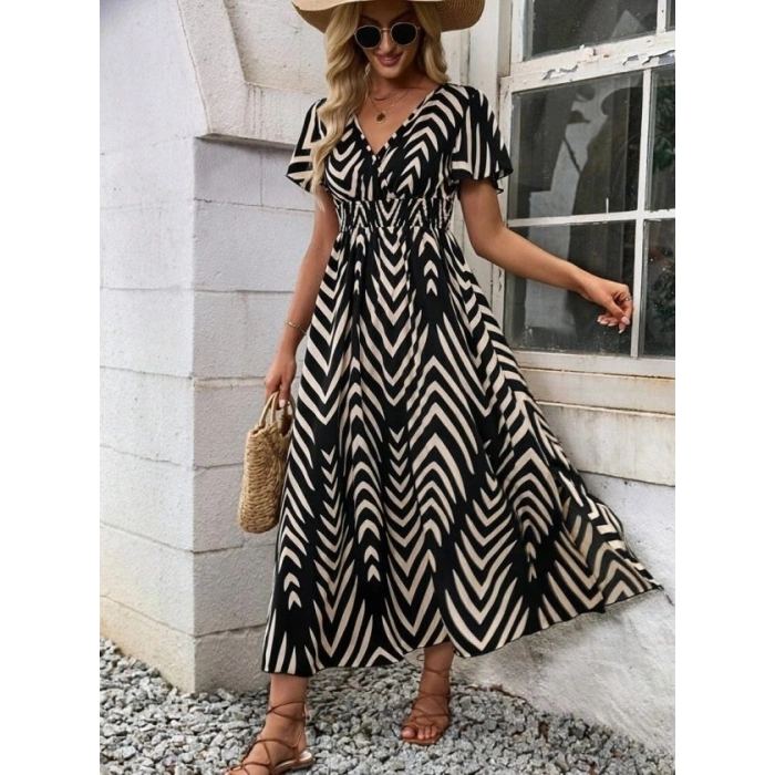 Kadın Kısa Fırfır Kollu Kruvaze Yakalı Beli Lastikli Desenli Uzun Elbise