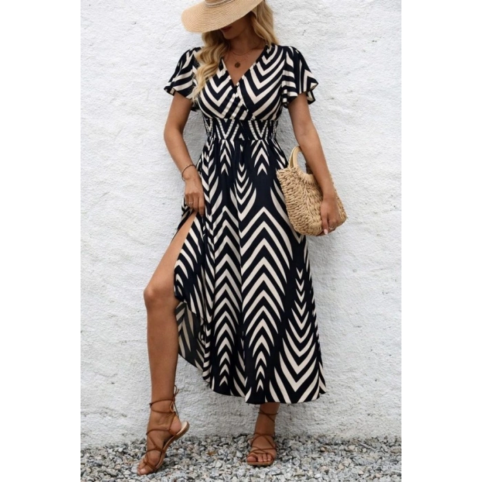 Kadın Kısa Fırfır Kollu Kruvaze Yakalı Beli Lastikli Desenli Uzun Elbise