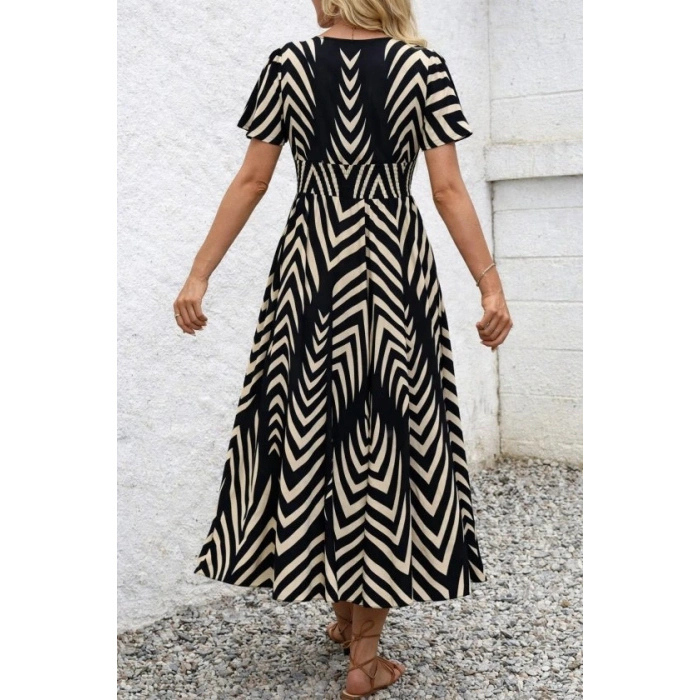 Kadın Kısa Fırfır Kollu Kruvaze Yakalı Beli Lastikli Desenli Uzun Elbise