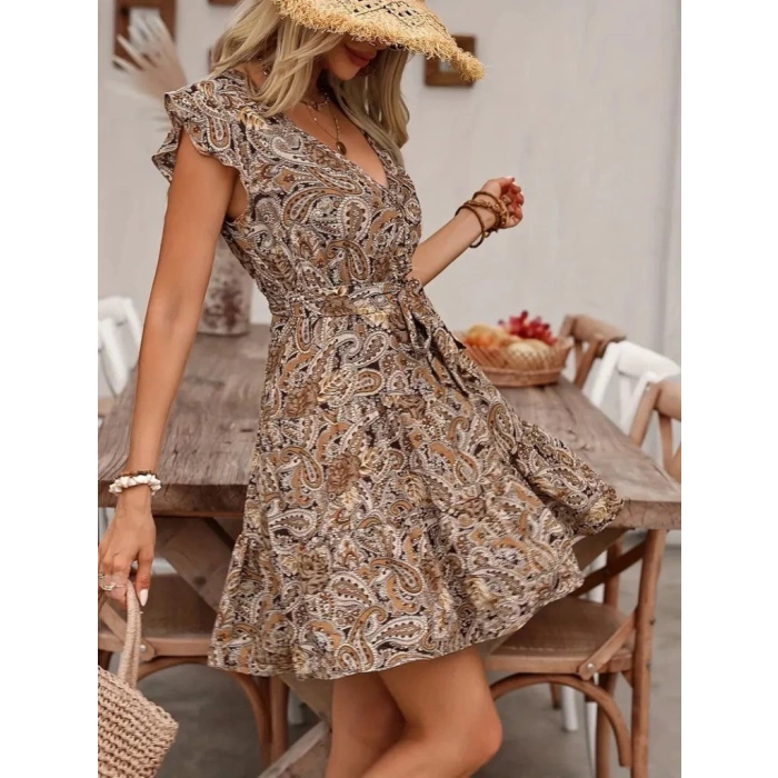 Kadın Kısa Fırfır Kollu V Yakalı Belden Kuşaklı Desenli Süprem Elbise