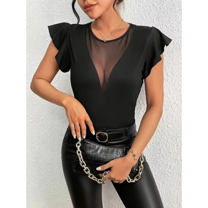 Kadın Kısa Fırfırlı Kol Yuvarlak Yakalı Transparan Detaylı Viskon Bluz