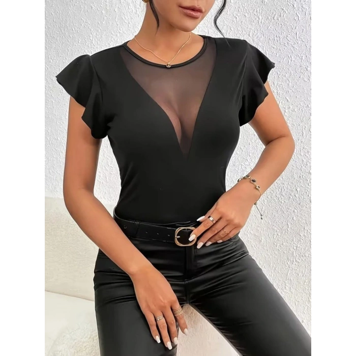 Kadın Kısa Fırfırlı Kol Yuvarlak Yakalı Transparan Detaylı Viskon Bluz