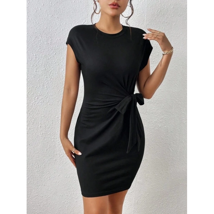 Kadın Kısa Kap Kollu Bisiklet Yaka Belden Bağlamalı Modal Mini Elbise
