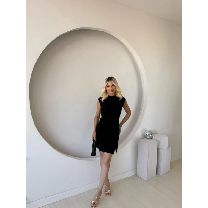 Kadın Kısa Kap Kollu Bisiklet Yaka Belden Bağlamalı Modal Mini Elbise