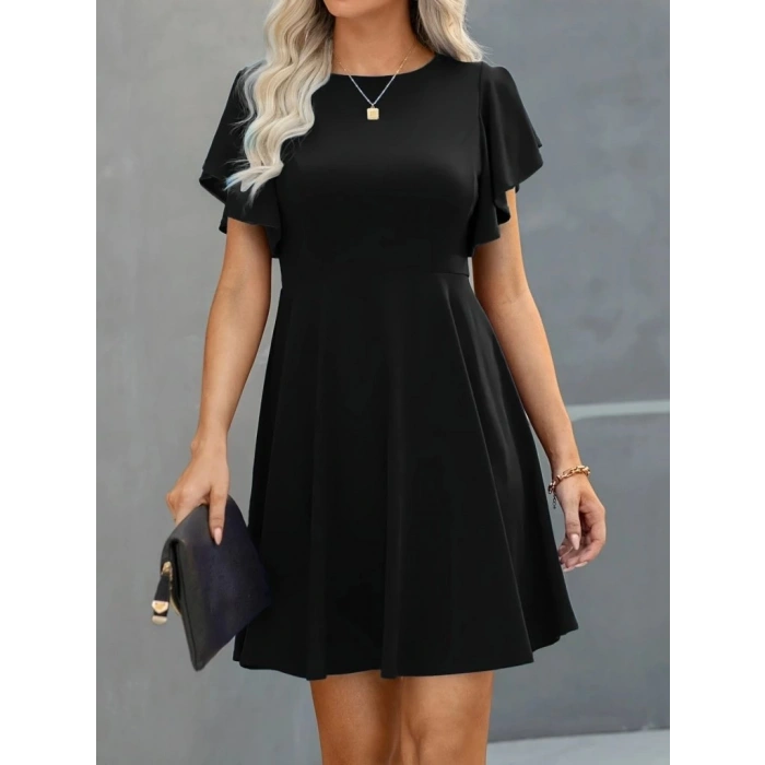 Kadın Kısa Kelebek Kollu Bisiklet Yaka Janjan Krep Elbise