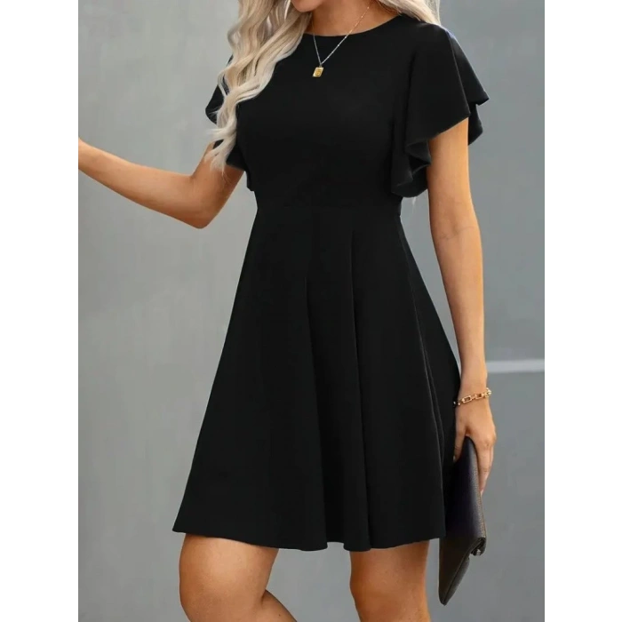 Kadın Kısa Kelebek Kollu Bisiklet Yaka Janjan Krep Elbise