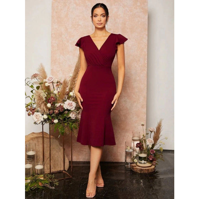 Kadın Kısa Kelebek Kollu Kruvaze Yaka Ithal Krep Midi Elbise