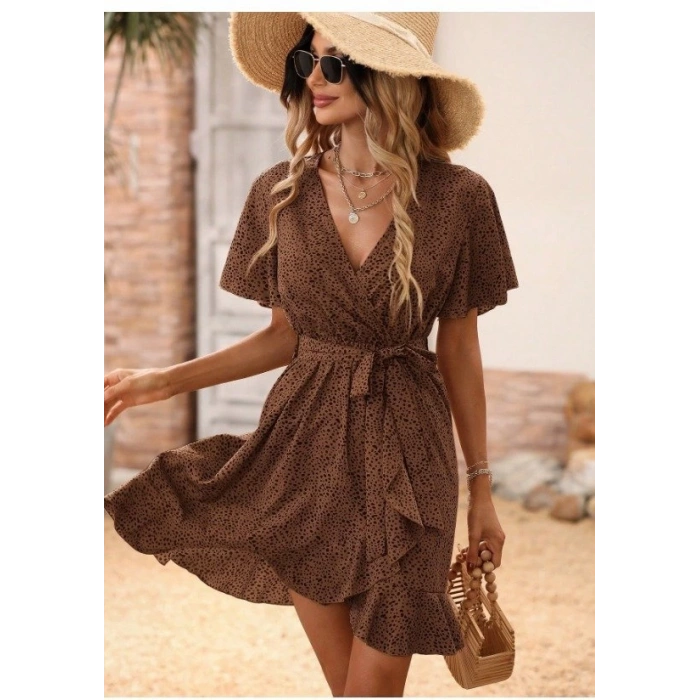 Kadın Kısa Kelebek Kollu Kruvaze Yakalı Belden Kuşaklı Kısa Desenli Süprem Elbise