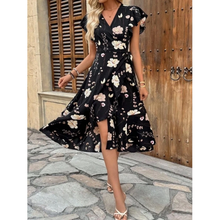 Kadın Kısa Kelebek Kollu Kruvaze Yakalı Belden Kuşaklı Midi Süprem Elbise