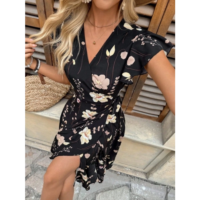 Kadın Kısa Kelebek Kollu Kruvaze Yakalı Belden Kuşaklı Midi Süprem Elbise