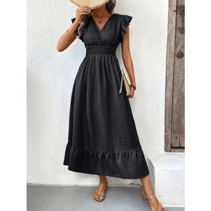 Kadın Kısa Kelebek Kollu Kruvaze Yakalı Beli Lastikli Aerobin Elbise