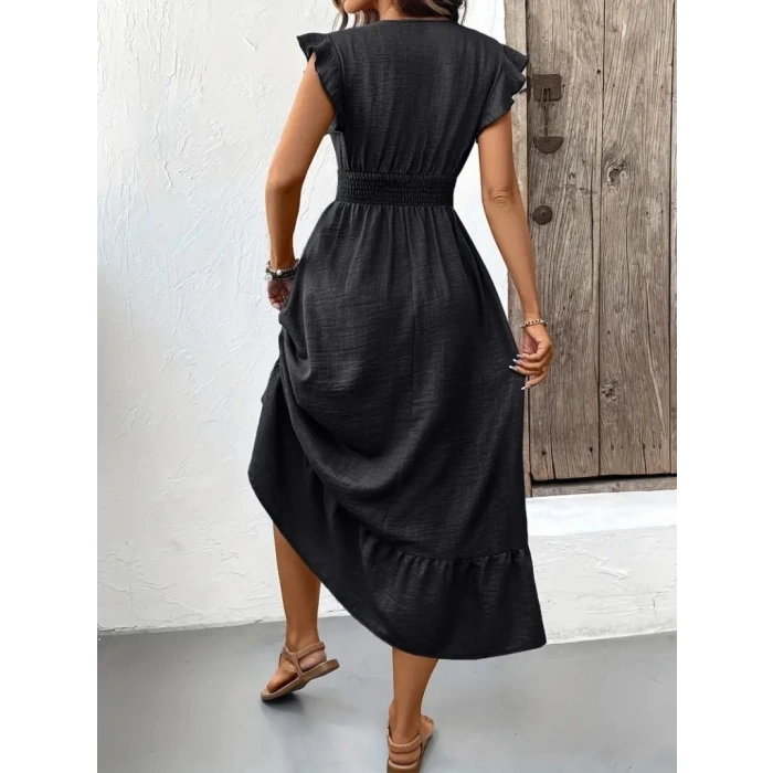 Kadın Kısa Kelebek Kollu Kruvaze Yakalı Beli Lastikli Aerobin Elbise