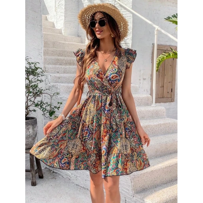 Kadın Kısa Kelebek Kollu Kruvaze Yakalı Süprem Elbise