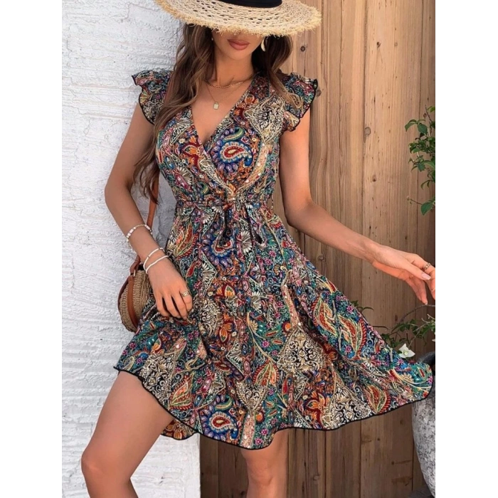 Kadın Kısa Kelebek Kollu Kruvaze Yakalı Süprem Elbise