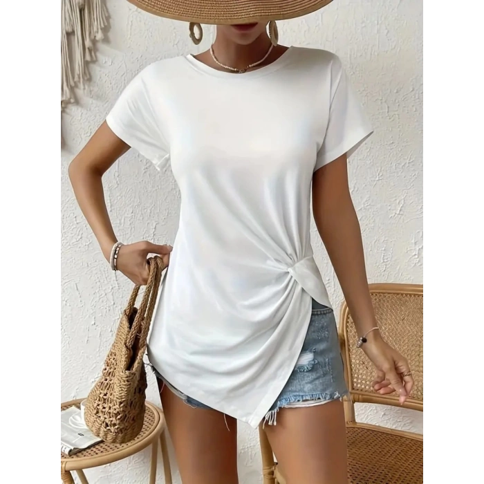 Kadın Kısa Kollu Asimetrik Kesim Bel Büzgü Düğüm Detay Viskon Bluz